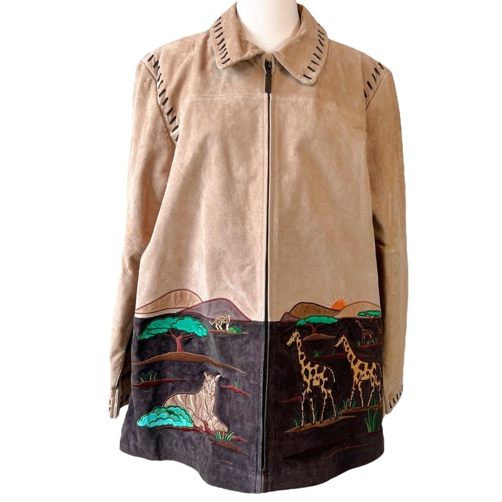 Quacker Factory Suede Jacket Women Size L Safari Elephant Giraffe Barn Style